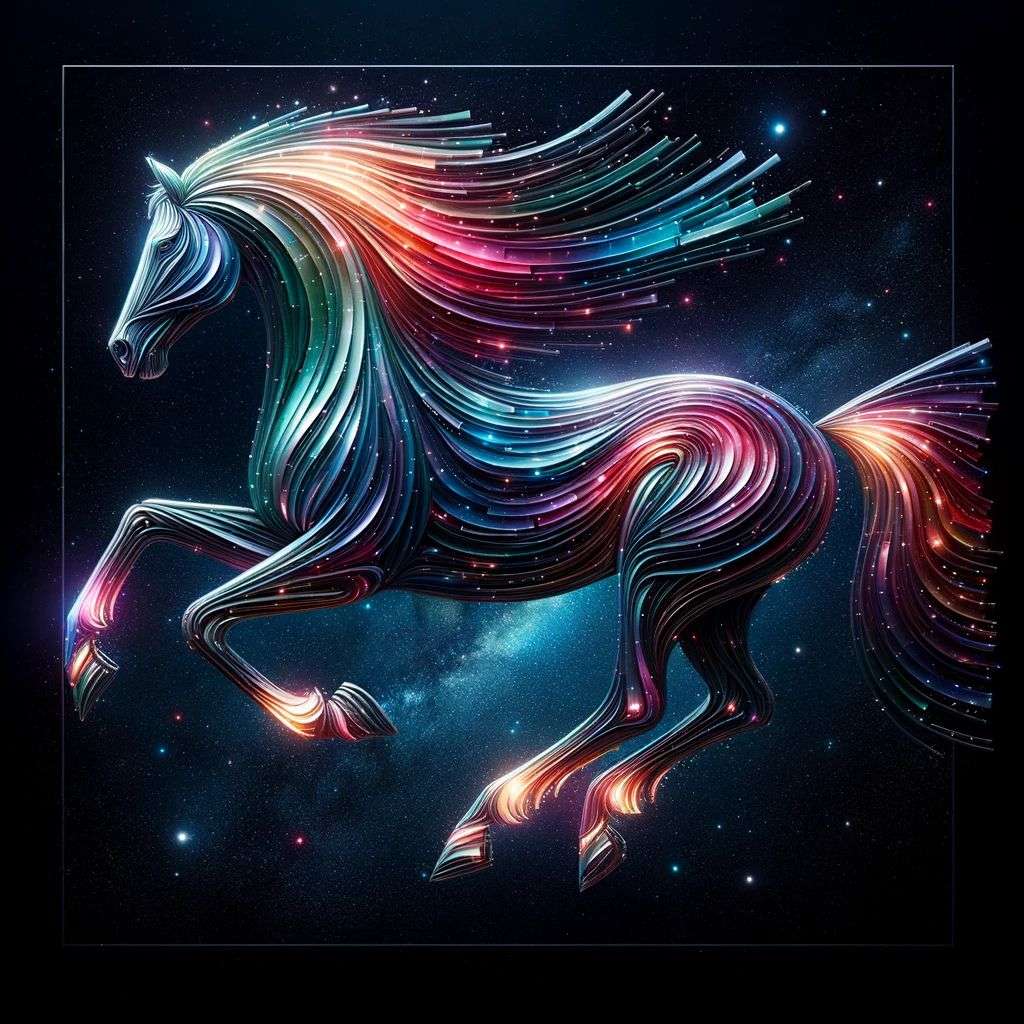 a horse, made from glowing multicolored luminescent sheets of metal, digital art